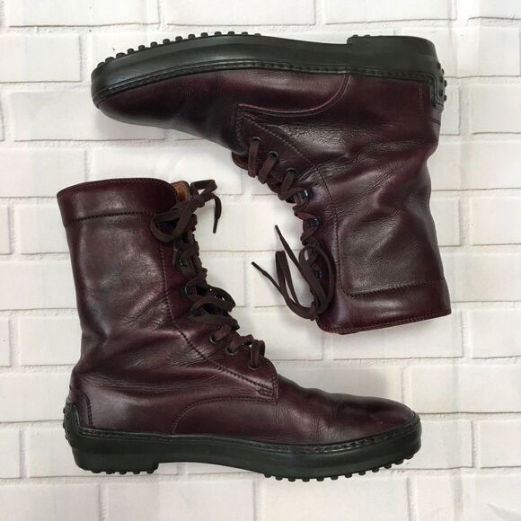 Tod’s lace up burgundy leather boots size 9.5 - Picture 1 of 8